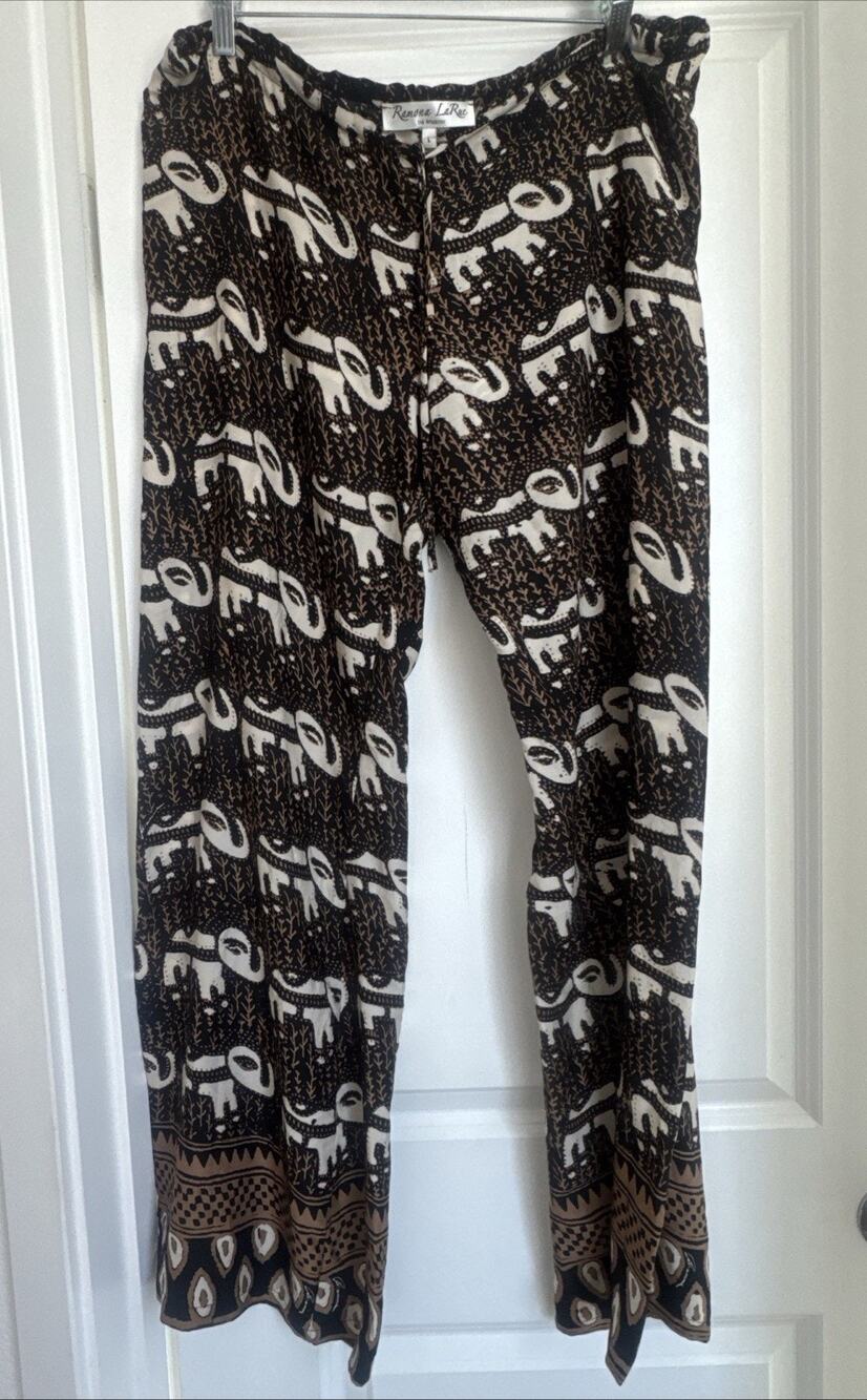 Ramona LaRue Arianne Crepe Drawstring Pant Black Tan Lightweight Elephant Large